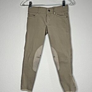 ROMFH Girls Knee Patch Breeches Sz 10 Tan Equestrian Riding Pants Zipper Stretch